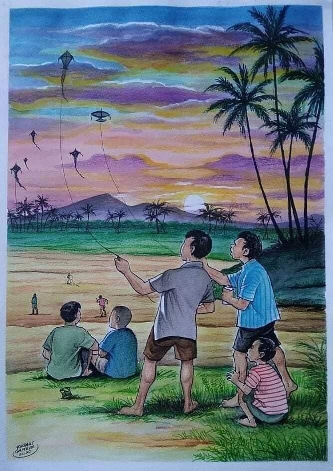 children are flying kites on the beach at sunset, with palm trees in the background