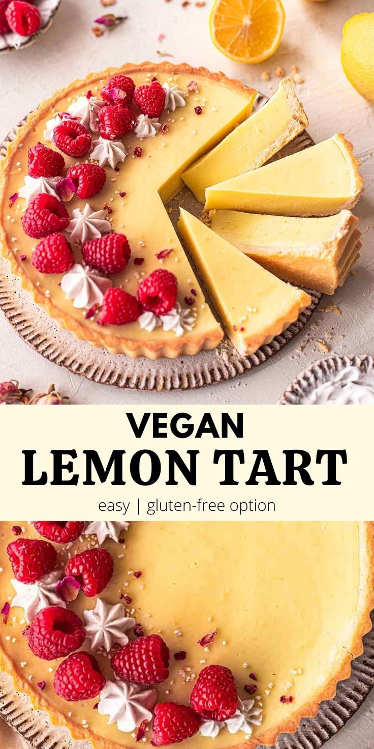 vegan lemon tart with raspberries on top and the text vegan lemon tart