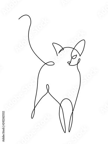 a black and white drawing of a cat with its tail spread out in the air