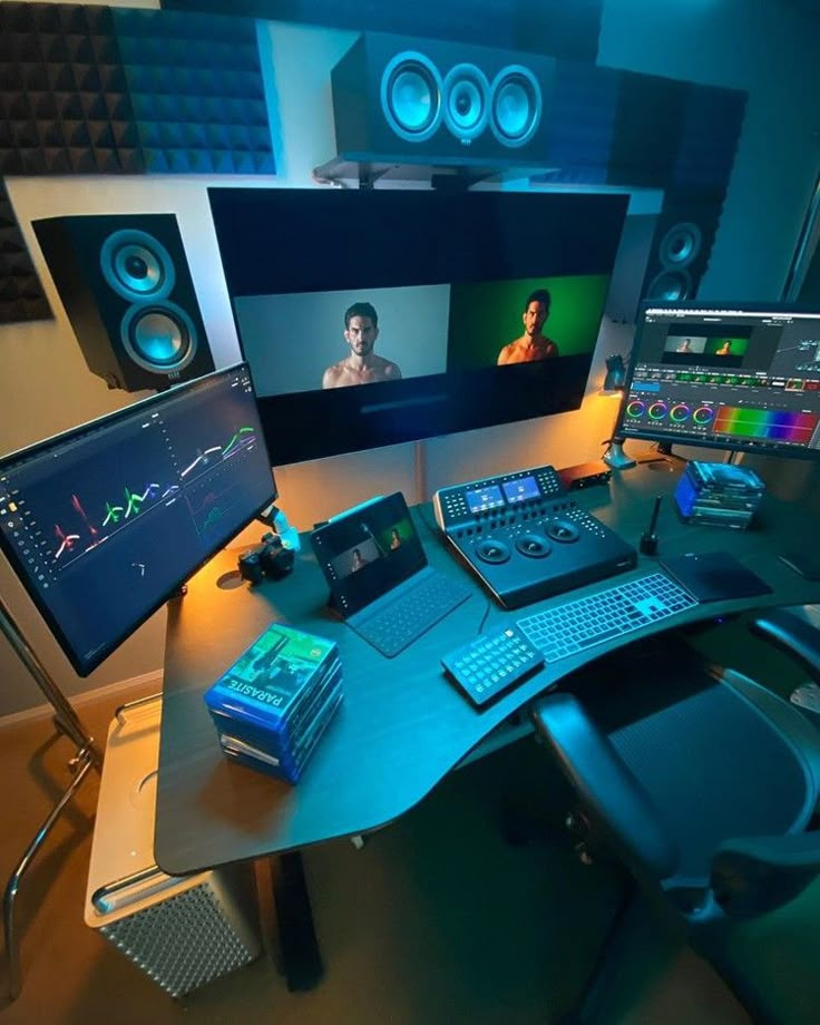 a computer desk with two monitors and sound equipment