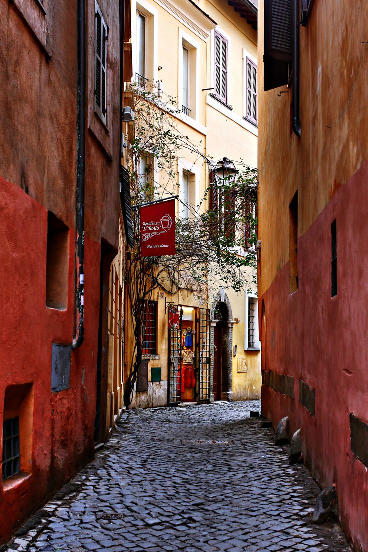 a cobblestone street in an old european city with buildings and trees on either side