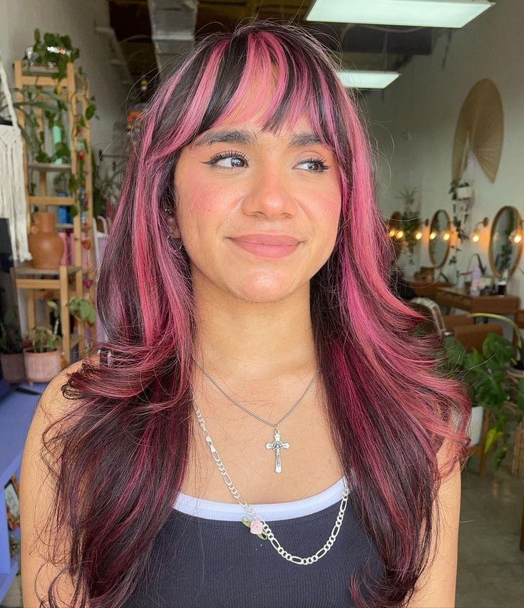 Karen Martinez • Houston Hairstylist | Pink Chunky Highlights 💕 • • #chunkyhighlights #pinkhair #pinkhighlights #houstonhair #houstonhairstylist #beforeandafterhair… | Instagram Hot Pink Highlights In Black Hair, Pink Chunky Highlights, Pink Hair Highlights, Pink Short Hair, Short Hair Highlights, Light Pink Hair, Split Dyed Hair, Pink Hair Dye, Hot Pink Hair