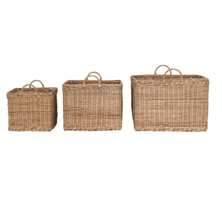 three woven baskets with handles on each side