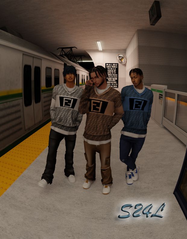 three men standing in front of a subway train