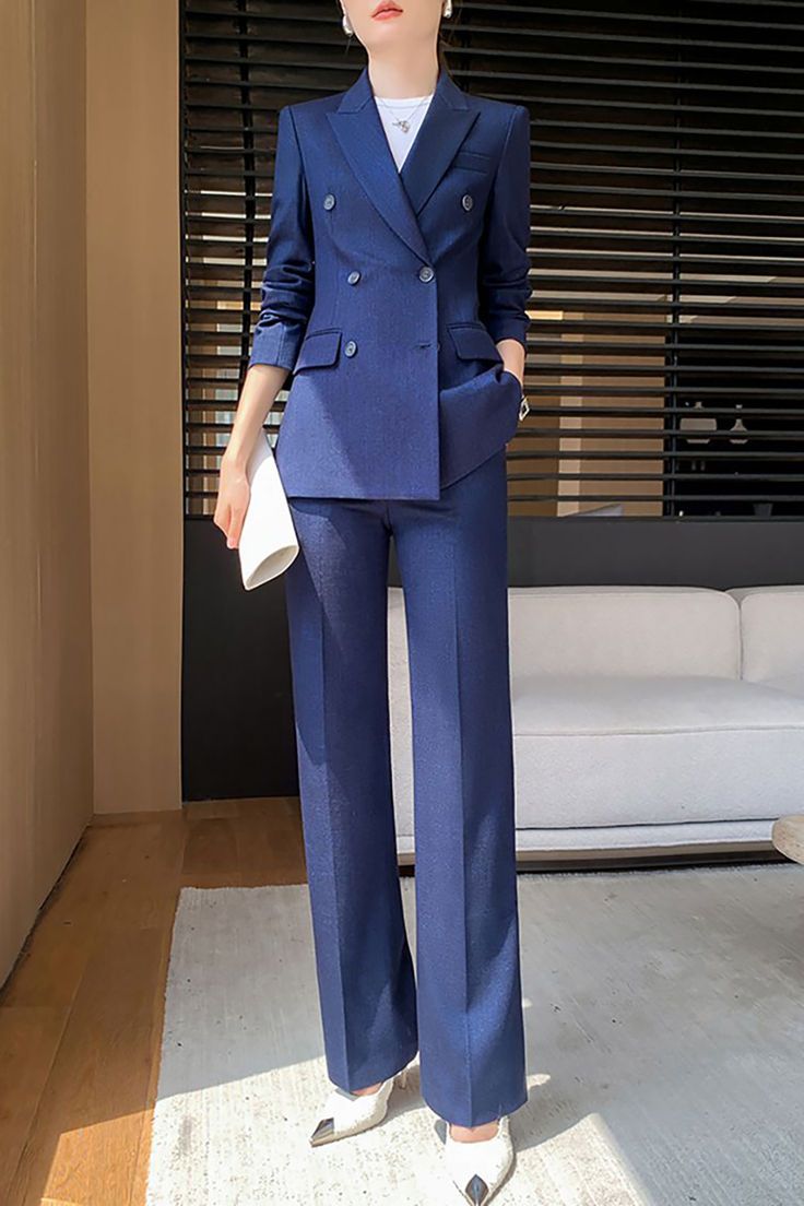 womens pantsuit Woman Tailored Suit, Women’s Pant Suit Outfit Formal, Blue Pant Suit Women, Blazer And Pants Set Women, Blue Suit Women Outfit, Women’s Suits, Double Breasted Suit Women, Double Breasted Blazer Outfit Women, Tailored Suit Women