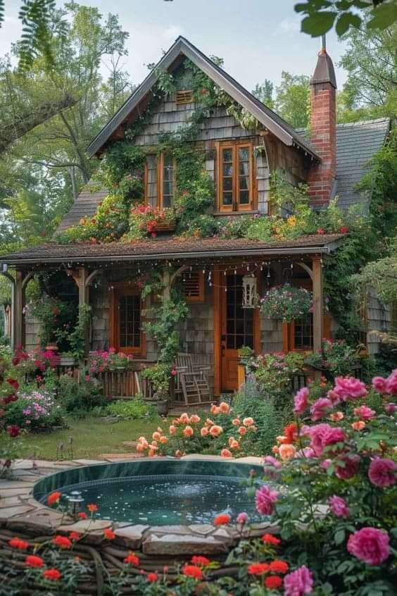 a house with lots of flowers growing on it's roof and around the pool