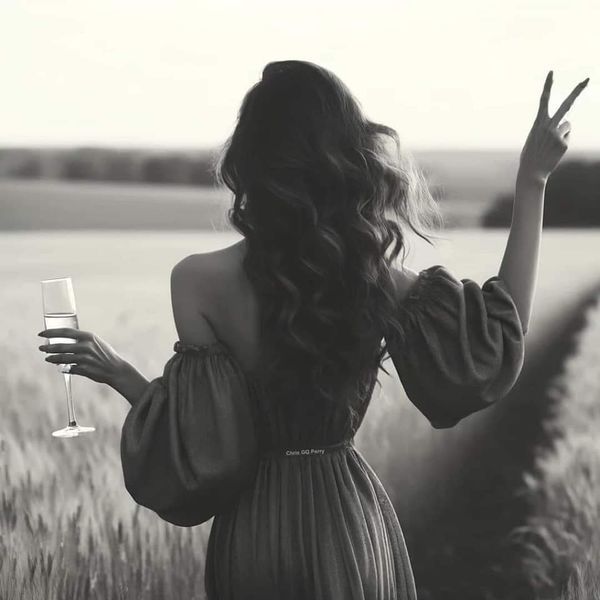 a woman standing in a field holding a glass of wine and pointing to the sky