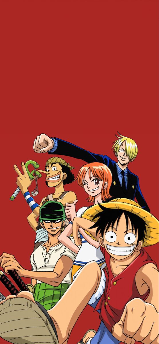 the one piece characters are posing together for a photo in front of a red background