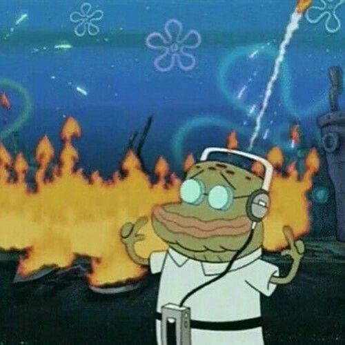 a cartoon character with headphones on in front of a fire and water background that says,