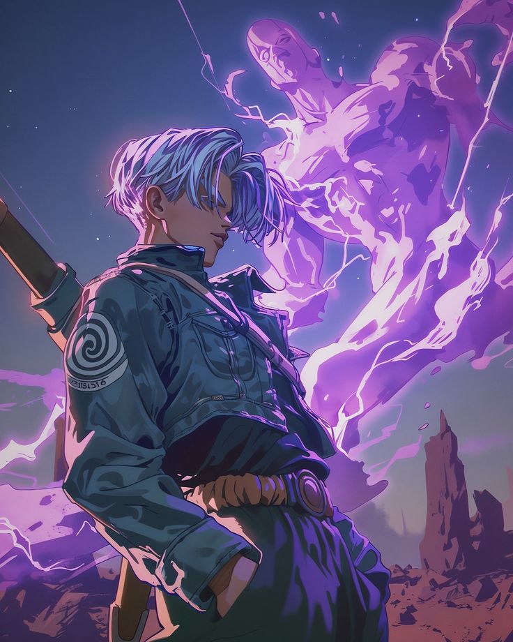 an anime character standing in front of purple clouds