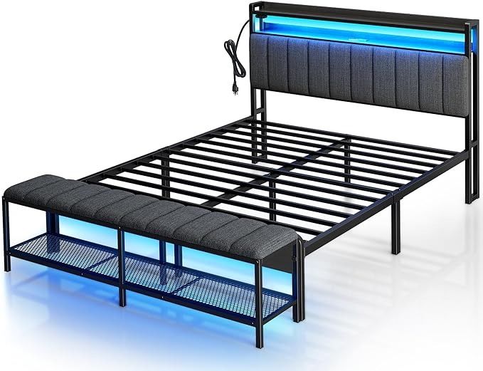 the bed frame is made up and has a blue light on it's headboard