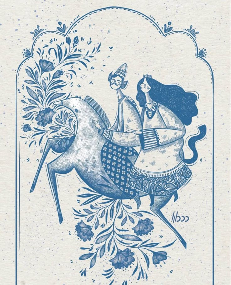 a blue and white drawing of a woman riding a horse