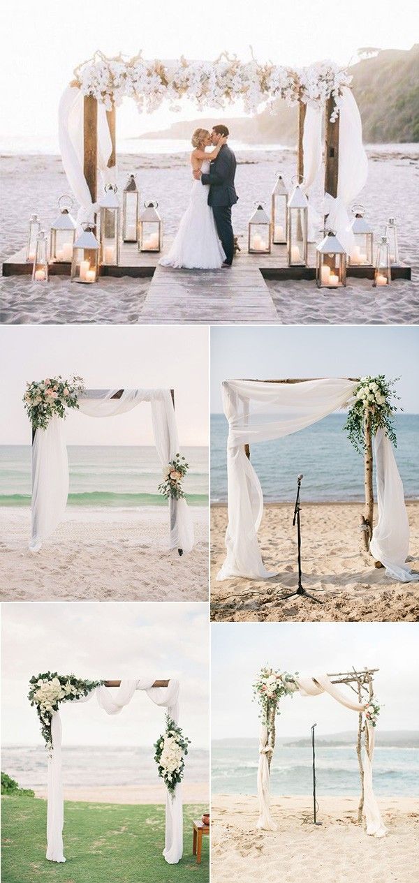 the wedding ceremony is set up on the beach with candles and flowers in vases