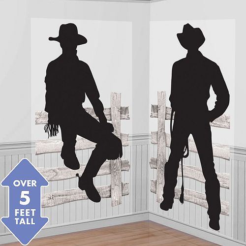 the silhouettes of two men in cowboy hats and boots are painted on white walls