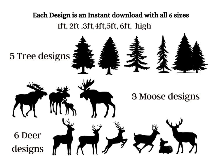 the silhouettes of deer and trees are shown in different sizes, shapes, and colors