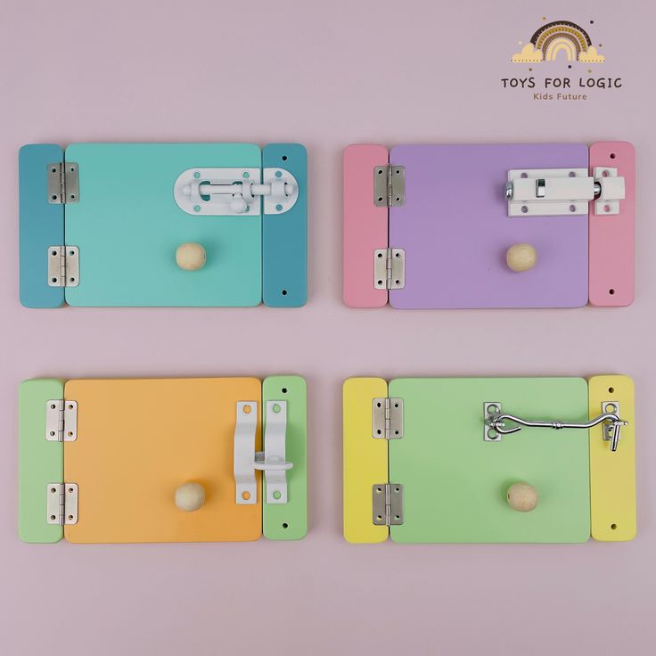 three different colored binders with handles and locks on them, one in the shape of a lock