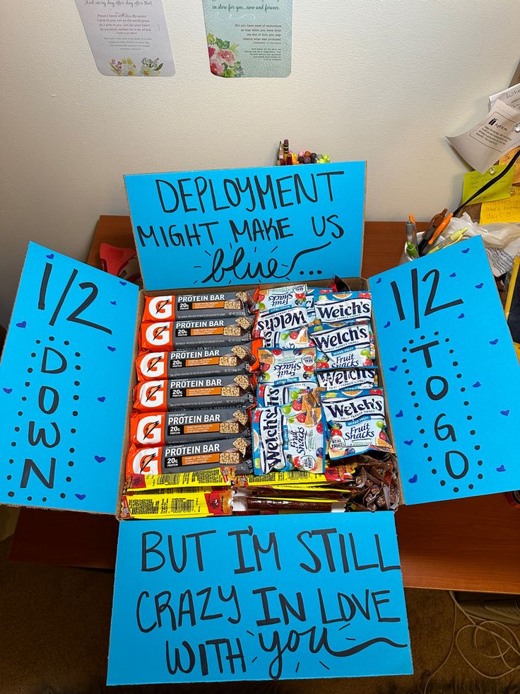 a table topped with blue signs and lots of candy