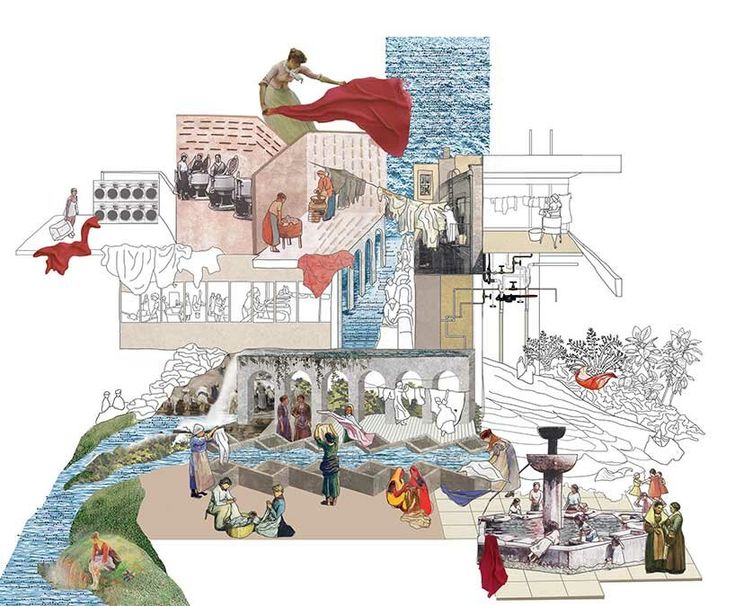 a collage of people and buildings in different stages of construction, including the water fountain