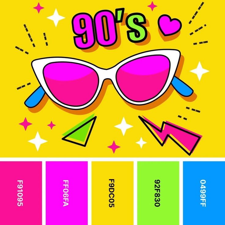 the 90's party poster with sunglasses and stars on yellow, pink, green, blue