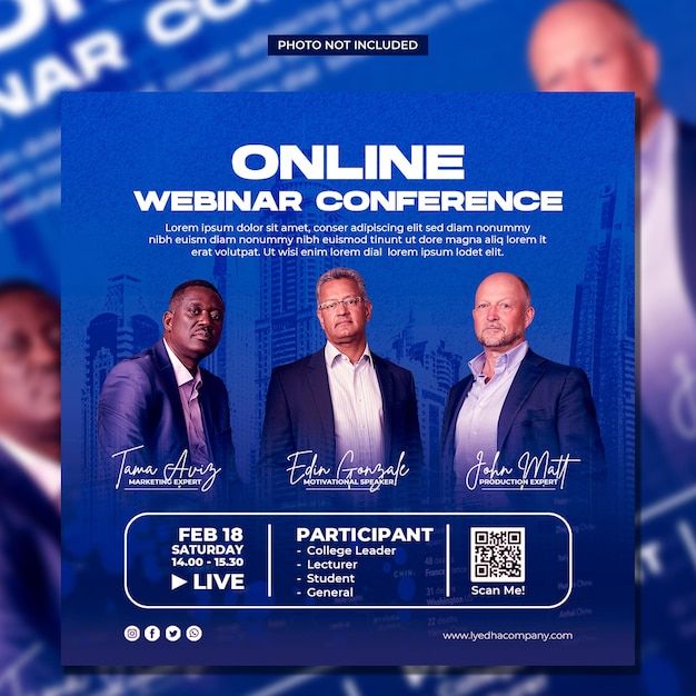 two men in suits are standing next to each other on a blue background with the words online webinar conference