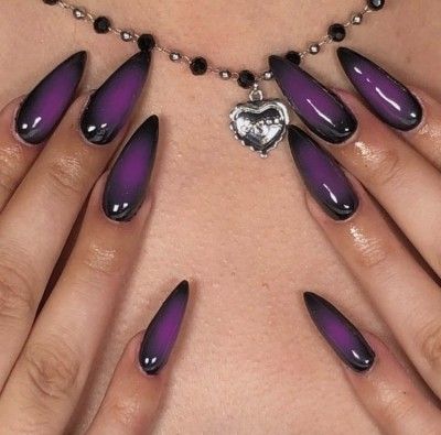 Purple Black French Tip Nails, Purple Bottom Nails, Raven Teen Titans Go Inspired Nails, Gothic French Tip Nails, Purple And Black Almond Nails, Dark Purple And Black French Tip Nails, Y2k Purple Nails, Black And Purple Nail Designs, Black And Purple Nails Aesthetic