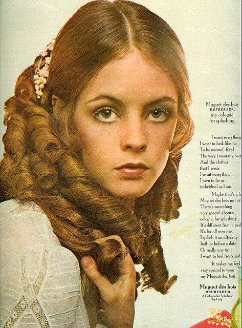 Muguet de bois Cologne    From Seventeen, June 1969 It smelled wonderful....lily of the valley is the nicest smell. Just Seventeen, Vintage Makeup Ads, Ringlet Curls, Portrait References, Makeup Ads, Victorian Hairstyles, Simple Hair, Seventeen Magazine, Vintage Cosmetics