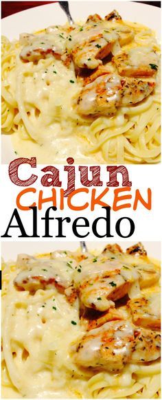 two pictures of chicken alfredo on a plate with the words cajun chicken alfredo above it