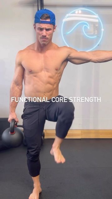 a shirtless man doing exercises with a kettle in front of a projection screen that reads functional core strength