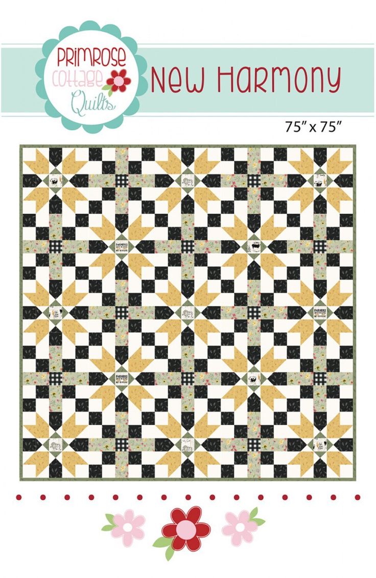 the new harmony quilt pattern is shown in black, yellow and white with flowers on it