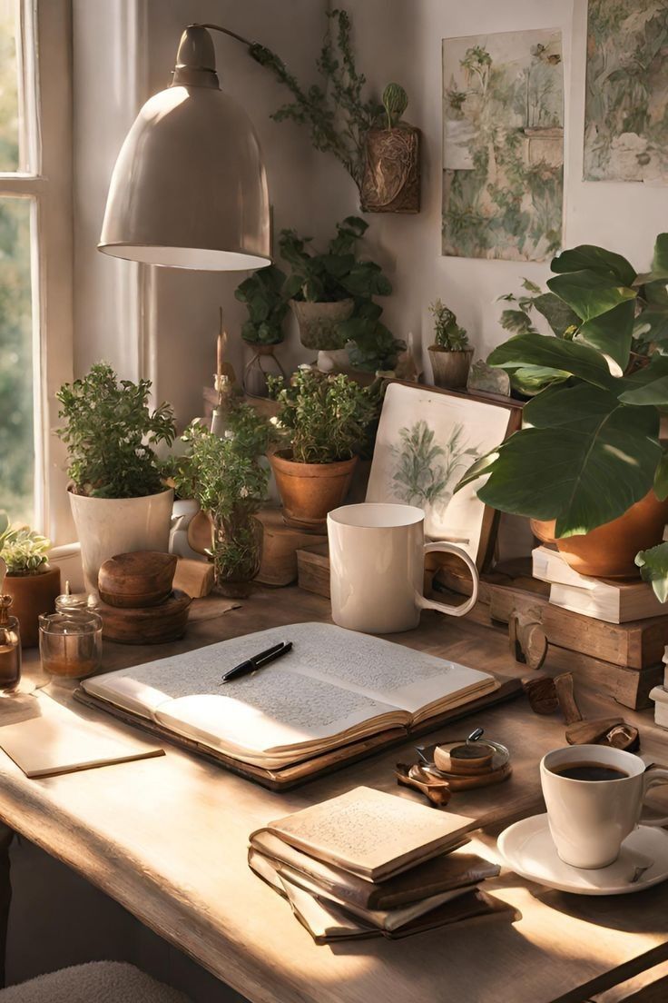 a wooden desk topped with lots of potted plants next to a lamp and books