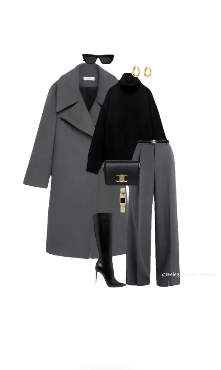 Minimalistic Outfits Winter, Grey And Black Winter Outfits, Grey Winter Coat Outfit Classy, Grey Coat Outfits For Women, Grey Work Outfit, Winter Elegant Outfit, Gray Coat Outfit, Gray Pants Outfit, Grey Top Outfit