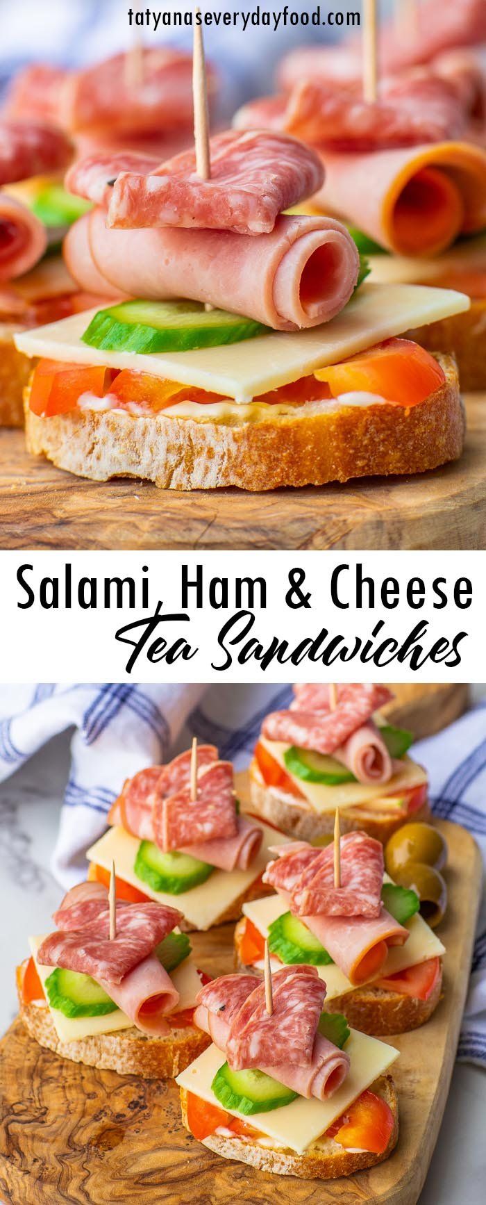 salami, ham and cheese tea sandwiches with toothpicks on the top are ready to be eaten