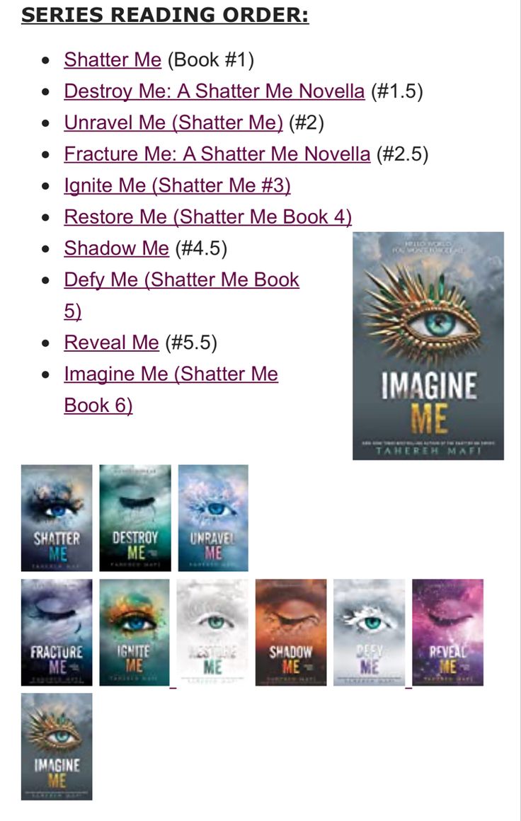 the book cover for imagine me series reading order, with an image of different books