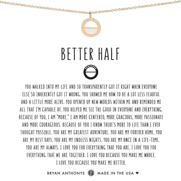 a necklace with the words, better half written on it and a circle pendant in gold