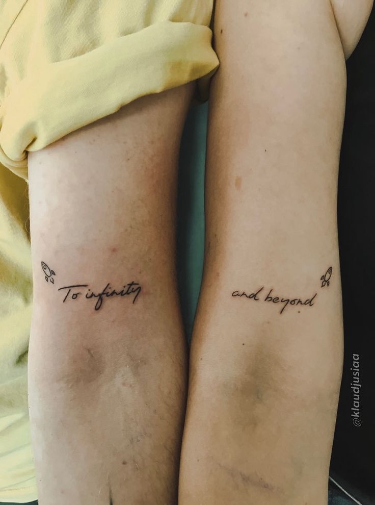 two people with matching tattoos on their arms that say, to together be happy and joy