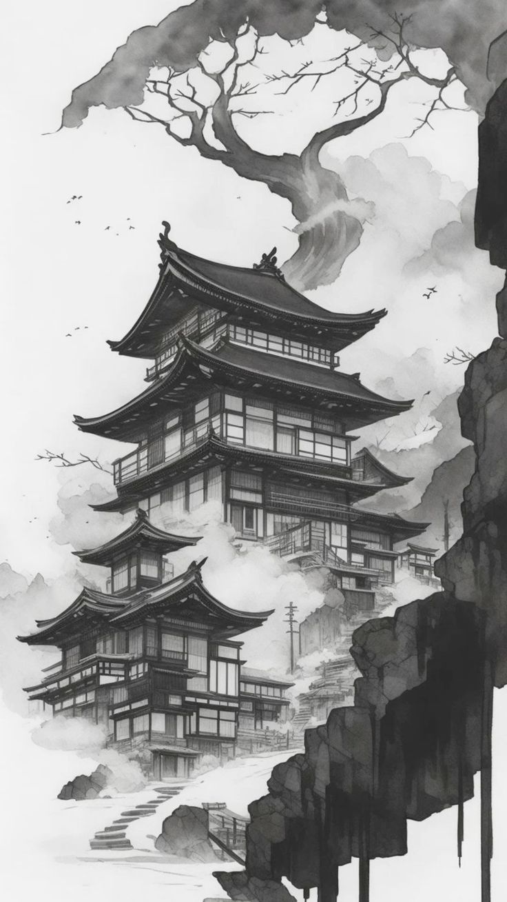 a black and white drawing of a pagoda