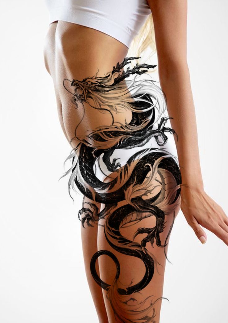 Dragon Tattoo Stomach For Women, Dragon Tattoo Stomach, Dragon Leg Tattoo, Dragon Tattoo Leg, Trippy Tattoo Ideas, Trippy Tattoo, Private Tattoos, Crazy Tattoos, Dragon Tattoo For Women