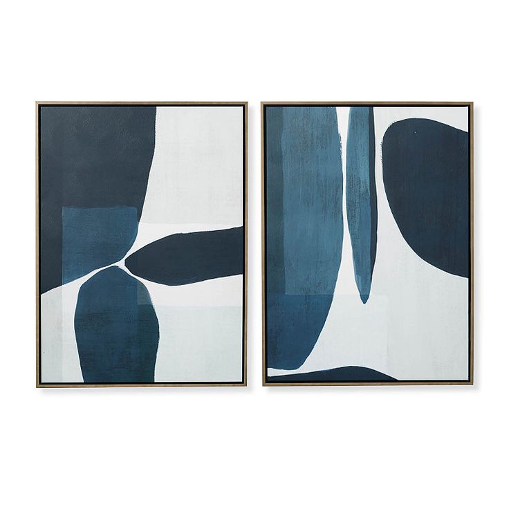 two framed art pieces, one with blue and white shapes on the opposite side of it