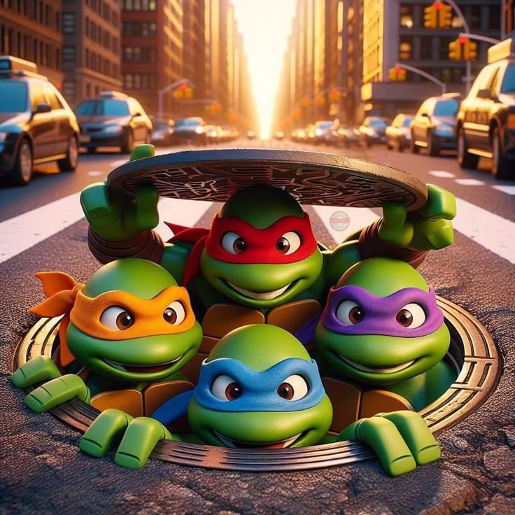 the teenage mutant turtles are sitting on top of each other in front of a city street