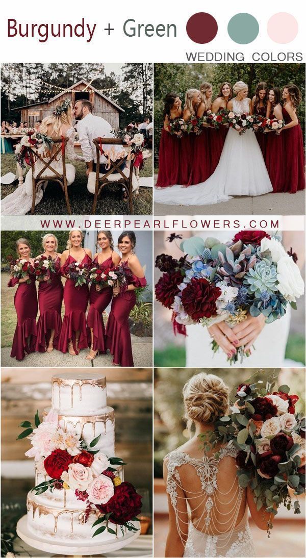 the wedding color scheme is burgundy and green