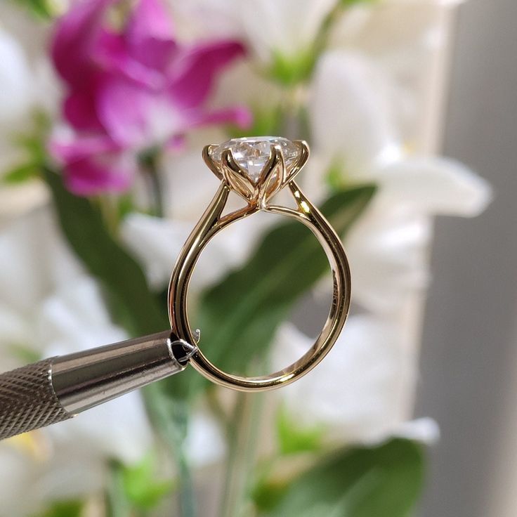 a close up of a diamond ring being held by a pair of scissors with flowers in the background