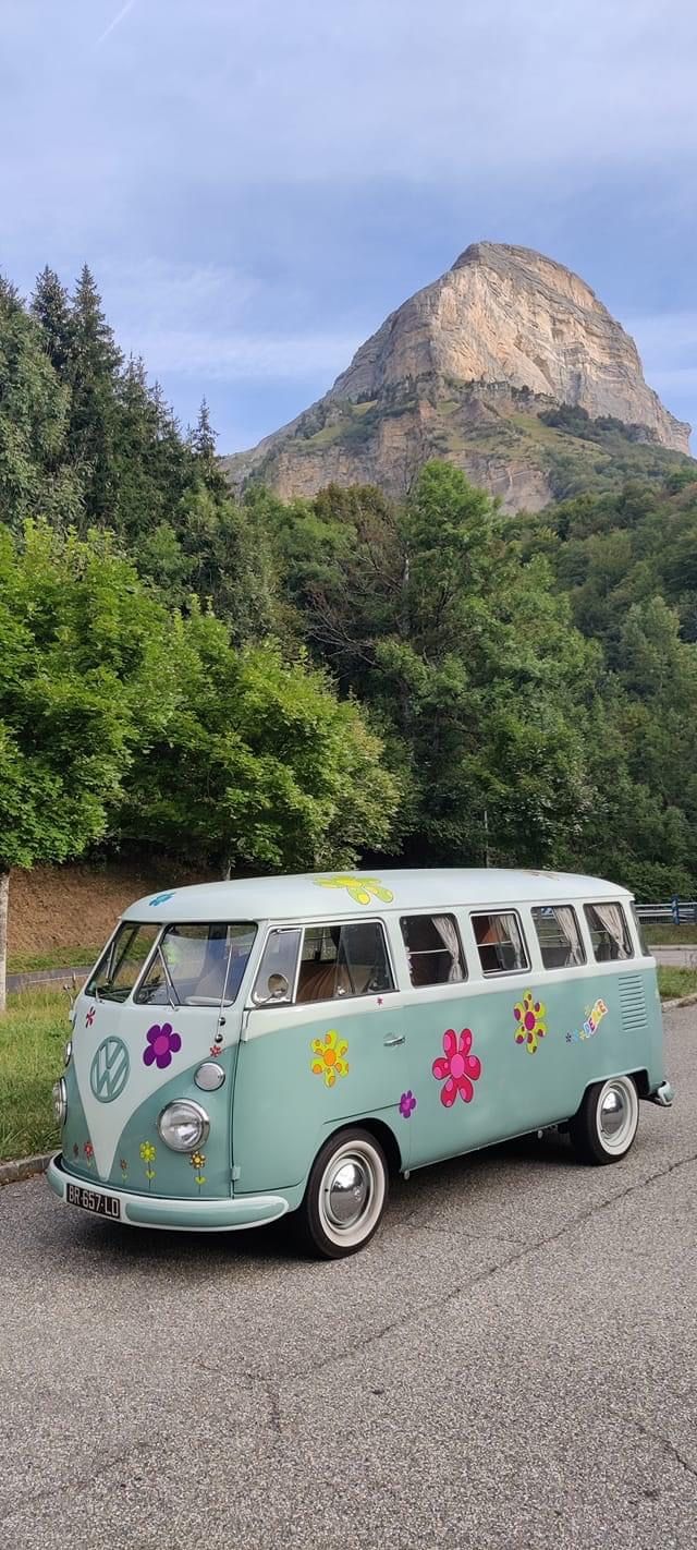 an old vw bus with flowers painted on the side parked in front of a mountain