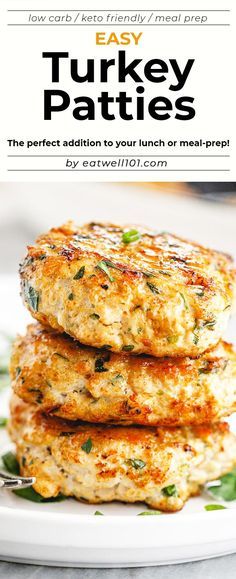 three crab cakes stacked on top of each other with the text easy turkey patties