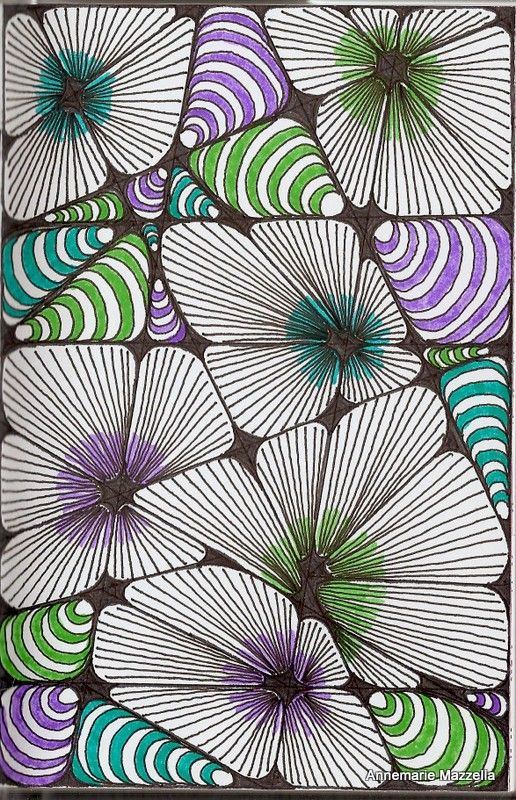 an abstract painting with green, purple and white flowers