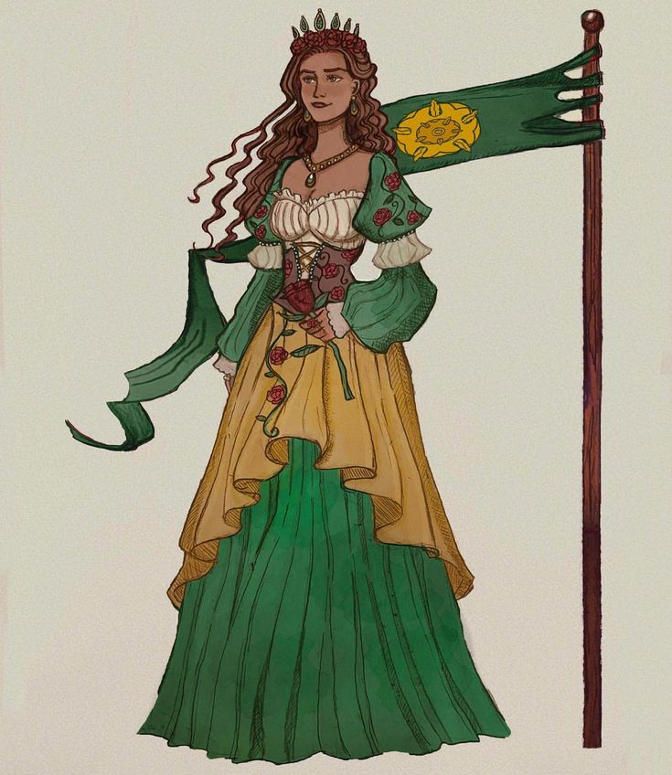 a drawing of a woman dressed in green and gold holding a flag with the sun on it