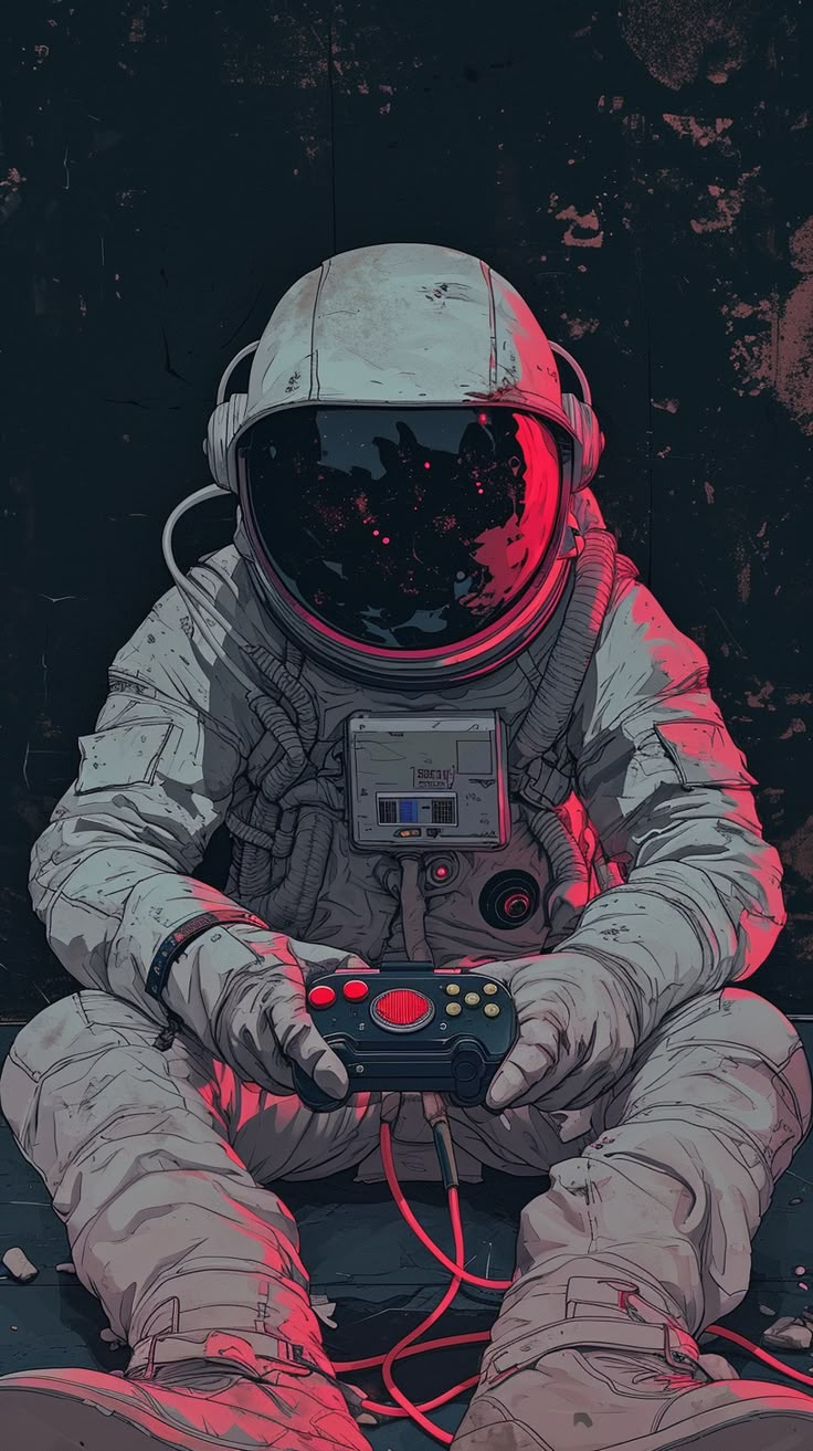 an astronaut sitting on the ground holding a game controller