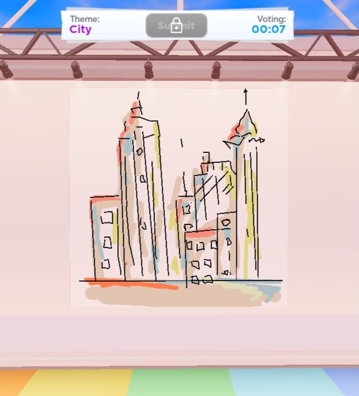 an image of a drawing on the wall in front of a tv screen with cityscape