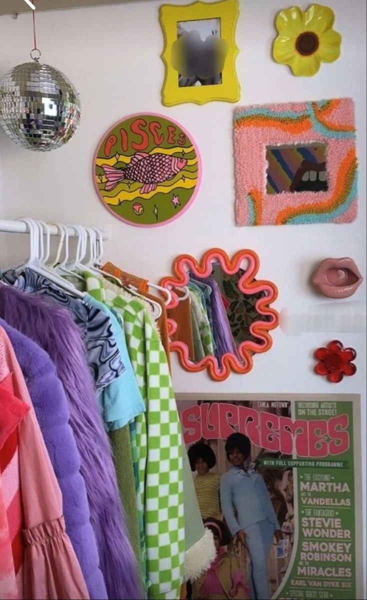 there are many colorful items hanging on the wall