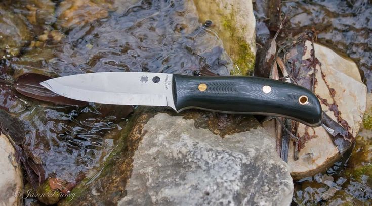 a knife sitting on top of a rock in the water