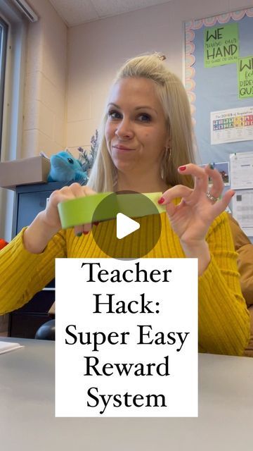 a woman sitting at a desk with her hands in front of her face and the words teacher hack super easy reward system